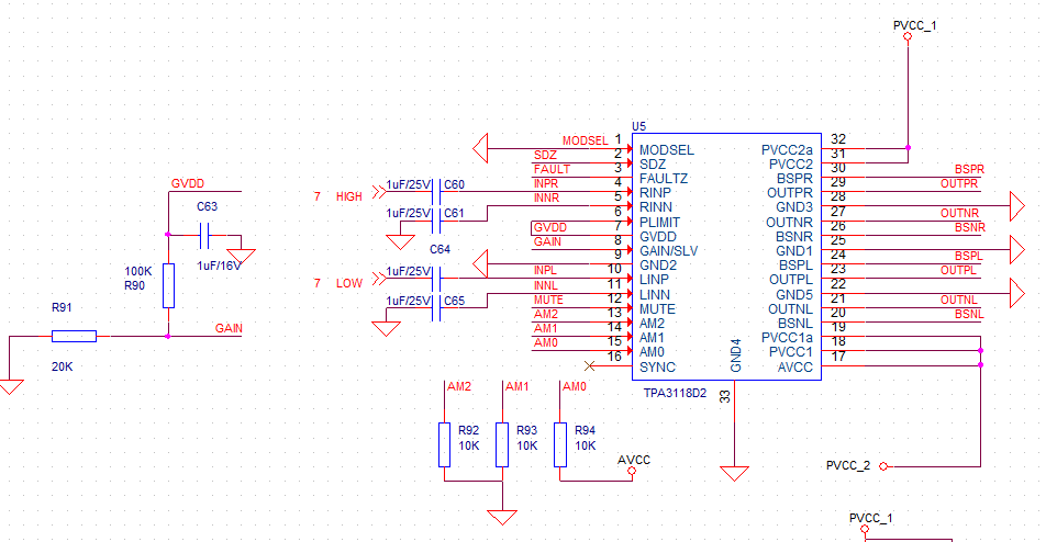 如下图所示,是ti的d类功放,tpa3118的原理图,现在我有一块pcb,在上电