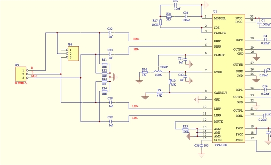 我用的是tpa3130做的功放,原理图如下所示.
